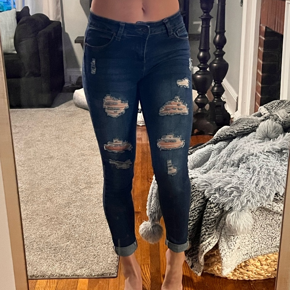 Wax Jean Women's Ripped Dark Blue Skinny Jeans